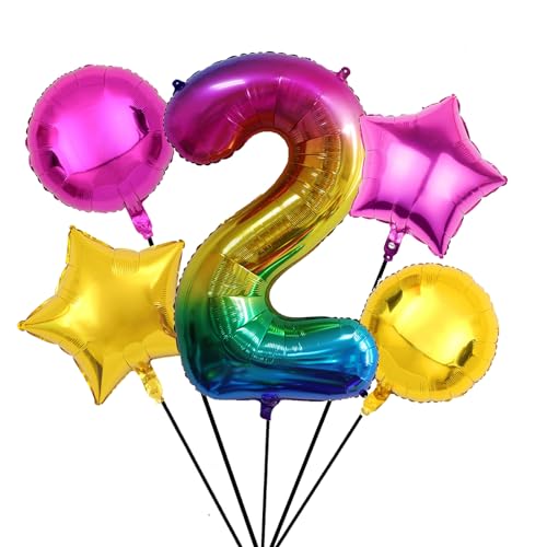 Nine San 5 Stück Regenbogen Zahl 2 Luftballons Set 100CM Giant Rainbow Zahlen 2 Folienballon Number Mylar Helium Zahlenluftballons Geburtstag Party Deko von Nine San