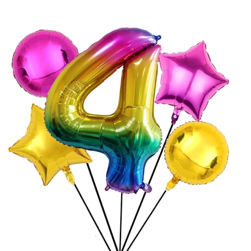 Nine San 5 Stück Regenbogen Zahl 4 Luftballons Set 100CM Giant Rainbow Zahlen 4 Folienballon Number Mylar Helium Zahlenluftballons Geburtstag Party Deko von Nine San