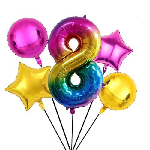Nine San 5 Stück Regenbogen Zahl 8 Luftballons Set 100CM Giant Rainbow Zahlen 8 Folienballon Number Mylar Helium Zahlenluftballons Geburtstag Party Deko von Nine San