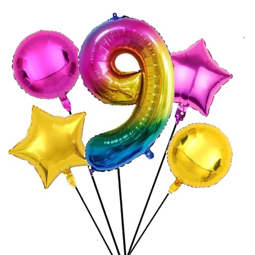 Nine San 5 Stück Regenbogen Zahl 9 Luftballons Set 100CM Giant Rainbow Zahlen 9 Folienballon Number Mylar Helium Zahlenluftballons Geburtstag Party Deko von Nine San