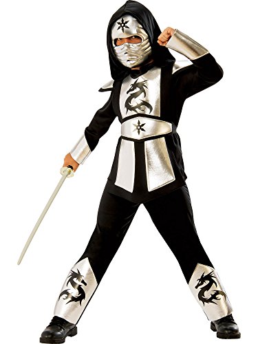 Rubies, 641142-L, Kinderkostüm, Ninjaverkleidung mit Verzierungen in Silber und mit Drachenmotiven, Größe: L (8-10 Jahre) von Ninjas