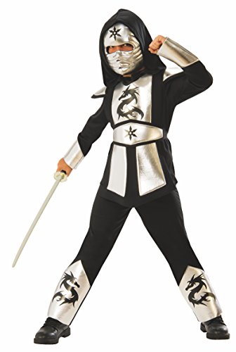 Rubies 641142-M Kinderkostüm „Ninja“, silberfarbene Verzierungen und Drachenmotive, Größe M (5-6 Jahre) von Ninjas