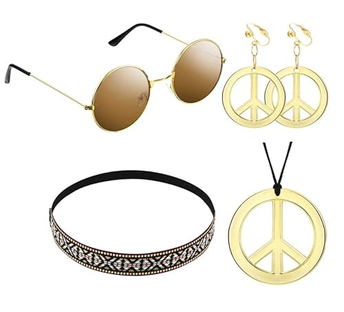 Hippie-Zubehör Kreis Stil Brille der 60er Jahre Zeichen des Friedens Halskette Hippie Stirnband 60er Jahre Zubehör Set von Niooce