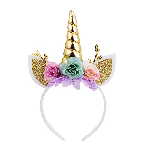Gold Glitter Unicorn Horn Headband Cat Ear Flower Head Bands for Unicorn Birthday Party Supplies (Rose&Gold) von Nishine