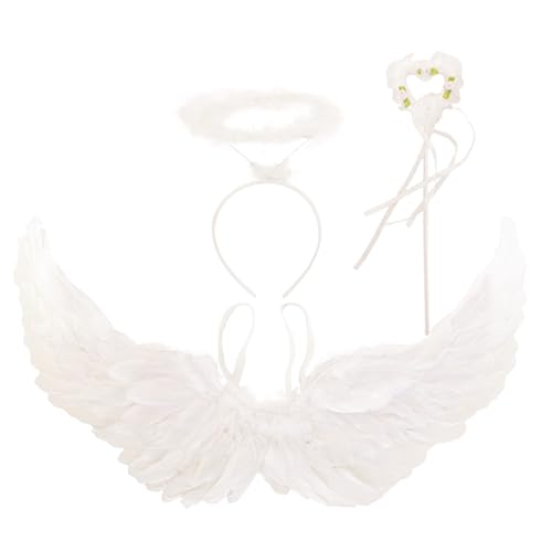 Nishine 66x35 cm Engelsflügel-Set mit Federn, Heiligenschein und Zauberstab – Kostümzubehör für Cosplay, Halloween-Partys und Kostümfeste | Mädchen, Kinder & Frauen (Weiß) von Nishine