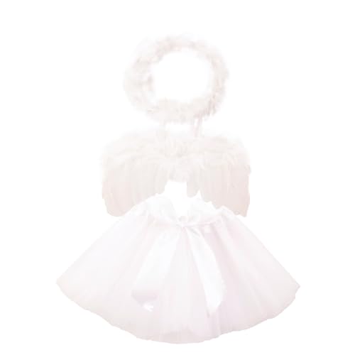 Nishine Baby Tüll-Tutu-Röckchenkleid mit Engelsflügel-Heiligenschein-Outfit-Set – Tutu-Cosplay-Fotozubehör (Weiß) von Nishine