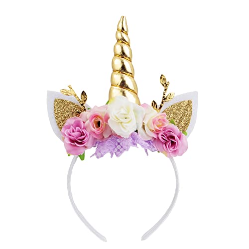 Nishine Einhorn Horn Floral Stirnband Glitter Ohren Pony Kopfbänder Tiara für Mädchen Party Geburtstag Cosplay(Gold&Elfenbein) von Nishine