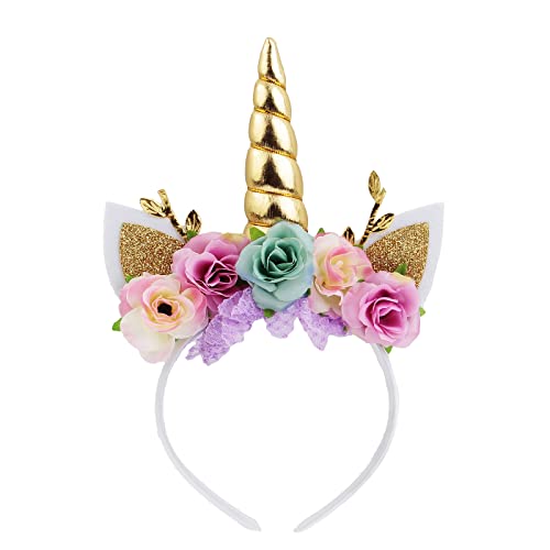 Nishine Einhorn Horn Floral Stirnband Glitter Ohren Pony Kopfbänder Tiara für Mädchen Party Geburtstag Cosplay(Gold&Mint) von Nishine