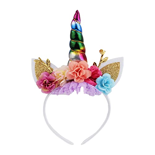 Nishine Einhorn Horn Floral Stirnband Glitter Ohren Pony Kopfbänder Tiara für Mädchen Party Geburtstag Cosplay(Regenbogen) von Nishine