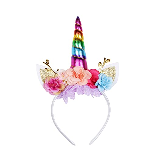 Nishine Einhorn Horn Floral Stirnband Glitter Ohren Pony Kopfbänder Tiara für Mädchen Party Geburtstag Cosplay(Regenbogen B) von Nishine