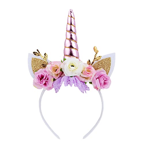 Nishine Einhorn Horn Floral Stirnband Glitter Ohren Pony Kopfbänder Tiara für Mädchen Party Geburtstag Cosplay(Rosa&Elfenbein) von Nishine