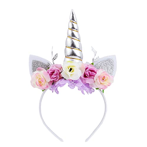 Nishine Einhorn Horn Floral Stirnband Glitter Ohren Pony Kopfbänder Tiara für Mädchen Party Geburtstag Cosplay(Silber&Elfenbein) von Nishine