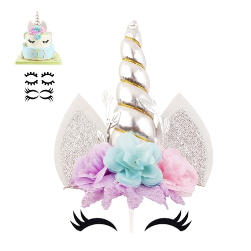 Nishine Einhorn-Kuchenaufsatz mit Wimpern, gestrickt, für Geburtstag, Hochzeit, Party, Gastgeschenke (Silber) von Nishine
