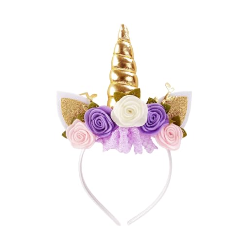 Nishin Einhorn Stirnband Vlies Blumen Katzenohren Pony Stirnbänder Glitzer Hupe für Rollenspiele Einhorn Partei Zubehör(Gold,beige) von Nishine