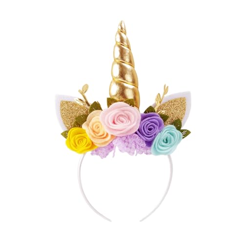 Nishin Einhorn Stirnband Vlies Blumen Katzenohren Pony Stirnbänder Glitzer Hupe für Rollenspiele Einhorn Partei Zubehör(Gold,rosa) von Nishine