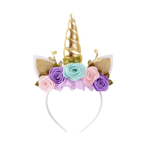 Nishine Einhorn Stirnband Vlies Blumen Katzenohren Pony Stirnbänder Glitzer Hupe für Rollenspiele Einhorn Partei Zubehör(Gold,türkis) von Nishine