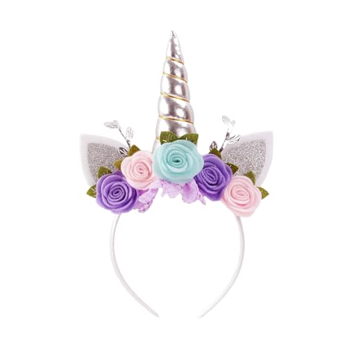 Nishin Einhorn Stirnband Vlies Blumen Katzenohren Pony Stirnbänder Glitzer Hupe für Rollenspiele Einhorn Partei Zubehör(Silber,türkis) von Nishine