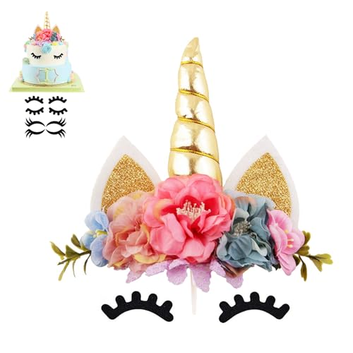 Nishine Handgefertigtes Kirschblumen-Einhorn-Kuchenaufsatz-Wimpern-Set für Geburtstagsparty-Zubehör (Gold) von Nishine
