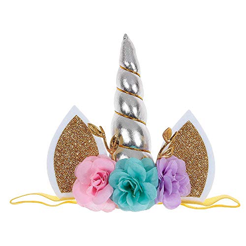 Nishine Unisex-Baby Baby-elastische Glitter Unicorn Horn Stirnband Kinder Einhorn Party Supplies Cosplay Geschenk Normal Rosa&Silber von Nishine