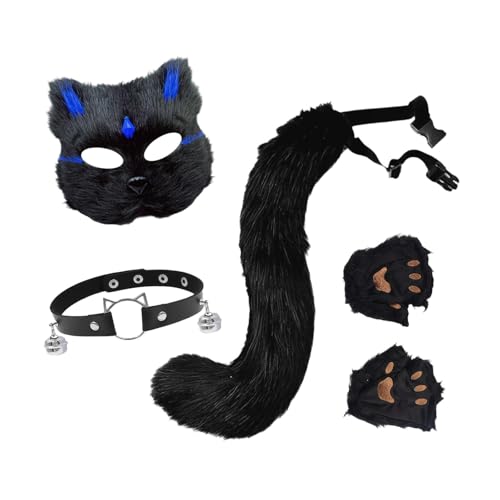 Nishiyuenyi 4 Teiliges Tierkostüm Set mit Katzenmaske Plüschschwanz Pfotenhandschuhen Und Halsband Aus Weichem Plüsch für Halloween Karneval Und Mottopartys, Schwarz Blau von Nishiyuenyi