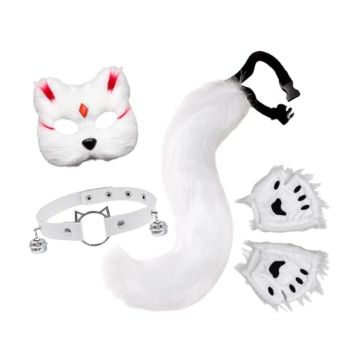 Nishiyuenyi 4 Teiliges Tierkostüm Set mit Katzenmaske Plüschschwanz Pfotenhandschuhen Und Halsband Aus Weichem Plüsch für Halloween Karneval Und Mottopartys, Weiß Rot von Nishiyuenyi