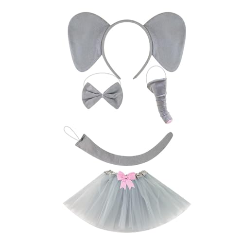 Nishiyuenyi 5 Teile Kostüm Set Als Komplettes Verkleidungsset mit Haarreif mit Ohren Elefantennase Und Fliege Inklusive Rock Aus Bequemem Stoff für Büh, mit Rosa Schleifenrock von Nishiyuenyi