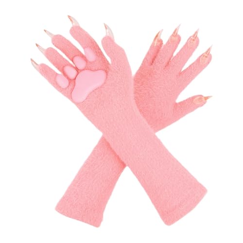 Nishiyuenyi Handschuhe Halloween Cosplay Damen Mädchen Katzenpfote Plüsch Vollfinger Tierklauen Kostümzubehör für Karneval Bühne Party Foto Geschenk Zuhause Rolle, Rosa von Nishiyuenyi