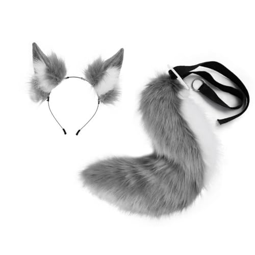 Nishiyuenyi Ohren-Stirnband und Schwanz-Set, Tierschwanz für Abschlussball, Party-Auftritt, Grau-weiß von Nishiyuenyi