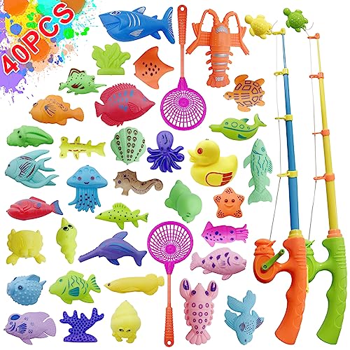 Magnetisches Angeln Spielzeug, 40 Stück Angelspiel Badespielzeug mit Rute und Netz, Outdoor Wasserspielzeug für 3 4 5 6 Jahre alte Kleinkinder von Niteris