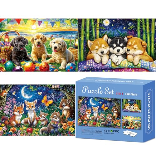 3er-Pack 100-teiliges Puzzle für Kinder, Hunde, Füchse, Tiere, Puzzle für Kinder im Alter von 4–6, 6–8, 8–10, einzigartiges großes Puzzle, recyceltes Papier, helles und farbenfrohes Lernpuzzle 3er-Pack 100-teiliges Puzzle für Kinder, Hunde, Füchse, Tiere, Puzzle für Kinder im Alter von 4–6, 6–8, 8–10, einzigartiges großes Puzzle, recyceltes Papier, helles und farbenfrohes Lernpuzzle von Nitktaia