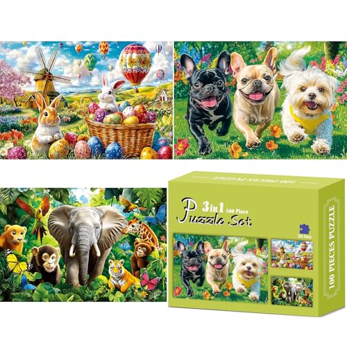 3er-Pack 100-teiliges Puzzle für Kinder, Hunde, Kaninchen, Tiere, Puzzle für Kinder im Alter von 4–6, 6–8, 8–10, einzigartiges großes Puzzle, recyceltes Papier, helles und farbenfrohes Lernpuzzle 3er-Pack 100-teiliges Puzzle für Kinder, Hunde, Kaninchen, Tiere, Puzzle für Kinder im Alter von 4–6, 6–8, 8–10, einzigartiges großes Puzzle, recyceltes Papier, helles und farbenfrohes Lernpuzzle von Nitktaia
