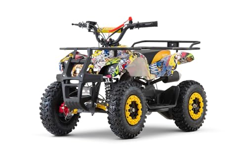 Kidix Nitro Motors Mini Quad Torino 49cc 6 Zoll Sport Reifen Snowy Profil Alu Easy Starter Gepäckträger Drossel Kinderquad Benzin (gelb mit Graffiti-Design) von Nitro Motors