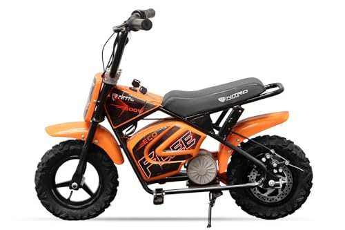 Nitro Motors Eco Flee Mini Crossbike 300W 24V Kinder Dirtbike 2 Stufen Drossel 11-21 kmh Zündschloss Stützräder mit Rückwärtsgang 24V 8Ah Ladegerät (orange) von Nitro Motors