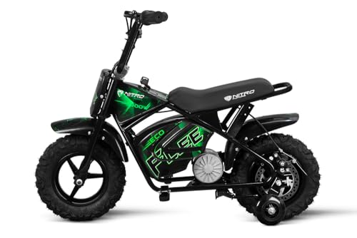 Nitro Motors Eco Flee Mini Crossbike 300W 24V Kinder Dirtbike 2 Stufen Drossel 11-21 kmh Zündschloss Stützräder mit Rückwärtsgang 24V 8Ah Ladegerät (schwarz-grün) von Nitro Motors