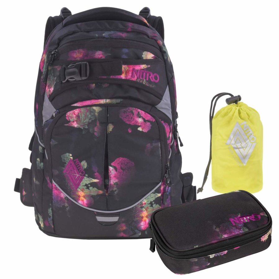 Nitro Schulrucksack Set SUPERHERO "black rose" mit Schlamper und Regenhaube von Nitro