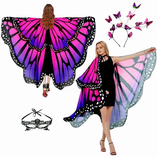 Niurui Halloween-Schmetterlingsflügel-Kostüm für Damen, Mottenflügel, Schmetterlingsumhang, Erwachsenenkostüm mit Maske und Stirnband (3 Stück), Doppel-Chiffon, Rosa, Violett, Doppeltes Chiffon von Niurui