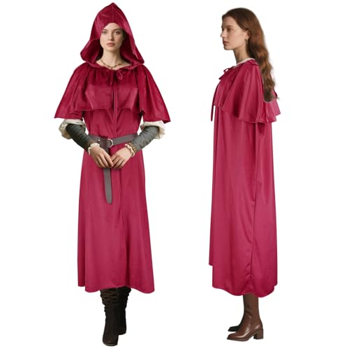Niurui Renaissance-Umhang mit Kapuze für Damen und Herren, mit Vintage-Gürtel, mittelalterlicher Umhang, Hobbit, Halloween, Zauberer-Kostüm, Burgunderrot von Niurui