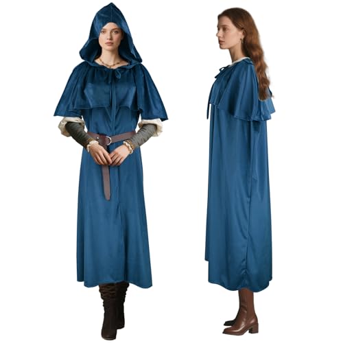 Niurui Renaissance-Umhang mit Kapuze für Damen und Herren, mit Vintage-Gürtel, mittelalterlicher Umhang, Hobbit, Halloween, Zauberer-Kostüm (blau) von Niurui
