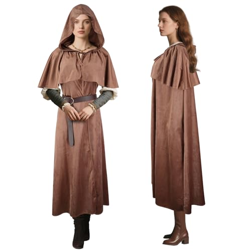 Niurui Renaissance-Umhang mit Kapuze für Damen und Herren, mit Vintage-Gürtel, mittelalterlicher Umhang, Hobbit, Halloween, Zauberer-Kostüm (braun) von Niurui