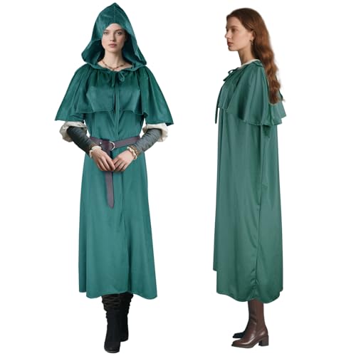 Niurui Renaissance-Umhang mit Kapuze für Damen und Herren, mit Vintage-Gürtel, mittelalterlicher Umhang, Hobbit, Halloween, Zauberer-Kostüm (grün) von Niurui