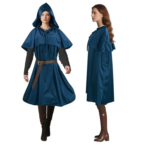 Niurui Renaissance-Umhang mit Kapuze für Damen und Herren, mit Vintage-Gürtel, mittelalterlicher Umhang, Hobbit, Halloween, Zauberer-Kostüm (kurz, blau) von Niurui