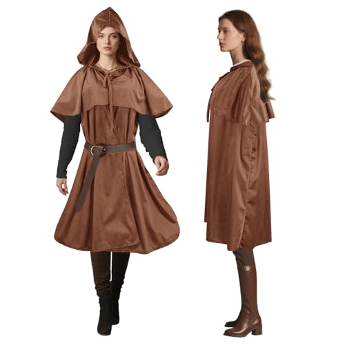 Niurui Renaissance-Umhang mit Kapuze für Damen und Herren, mit Vintage-Gürtel, mittelalterlicher Umhang, Hobbit, Halloween, Zauberer-Kostüm (kurz, braun) von Niurui