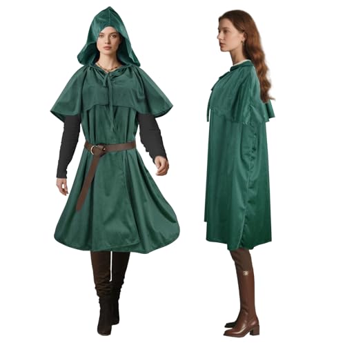 Niurui Renaissance-Umhang mit Kapuze für Damen und Herren, mit Vintage-Gürtel, mittelalterlicher Umhang, Hobbit, Halloween, Zauberer-Kostüm (kurz, grün) von Niurui