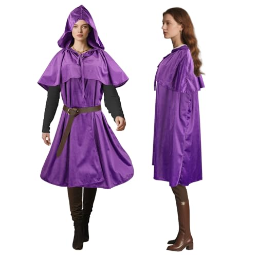 Niurui Renaissance-Umhang mit Kapuze für Damen und Herren, mit Vintage-Gürtel, mittelalterlicher Umhang, Hobbit, Halloween, Zauberer-Kostüm (kurz, lila) von Niurui