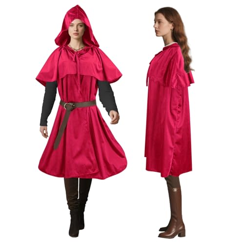Niurui Renaissance-Umhang mit Kapuze für Damen und Herren, mit Vintage-Gürtel, mittelalterlicher Umhang, Hobbit, Halloween, Zauberer-Kostüm (kurz, rot) von Niurui