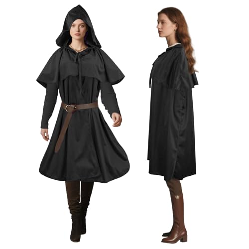 Niurui Renaissance-Umhang mit Kapuze für Damen und Herren, mit Vintage-Gürtel, mittelalterlicher Umhang, Hobbit, Halloween, Zauberer-Kostüm (kurz, schwarz) von Niurui