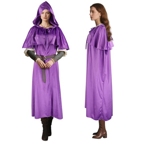 Niurui Renaissance-Umhang mit Kapuze für Damen und Herren, mit Vintage-Gürtel, mittelalterlicher Umhang, Hobbit, Halloween, Zauberer-Kostüm (lila) von Niurui