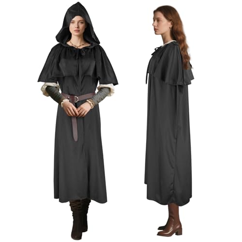 Niurui Renaissance-Umhang mit Kapuze für Damen und Herren, mit Vintage-Gürtel, mittelalterlicher Umhang, Hobbit, Halloween, Zauberer-Kostüm (schwarz) von Niurui