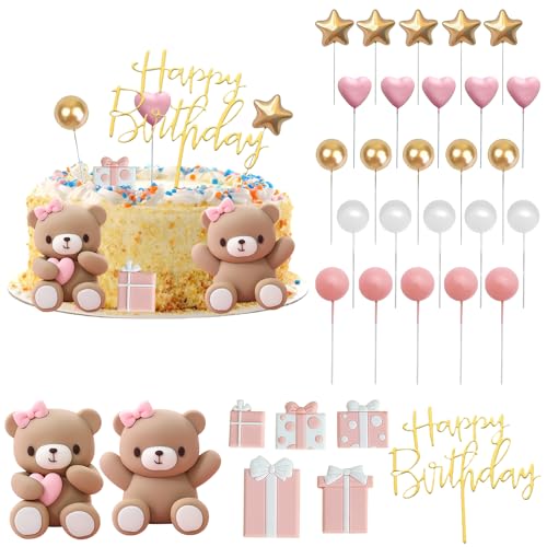 Nizirioo 33 Stück Mädchen Kuchen Deko: BraunBär, Kugeln, Rosa Weiß Gold Schaumkugeln, Geschenkboxen, Happy Birthday Tortendeko für Babyparty Geburtstag von Nizirioo