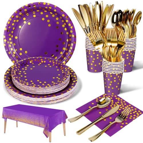 Nkaiso 141 Stück Lilagold Partygeschirr, Pappteller Kindergeburtstag Set, ​Geburtstag Party Geschirr, Partyzubehör Papier Wiederverwendbar Geschirr Set einschließlich Papier Teller Becher -20 Gäste von Nkaiso
